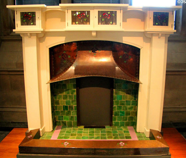 Fireplace (1901) by Ernest Archibald Taylor made by Wylie & Lochhead of Glasgow & shown at Exhibition of Art, Science & Industry (1901) at Kelvingrove Art Gallery. Glasgow, Scotland.