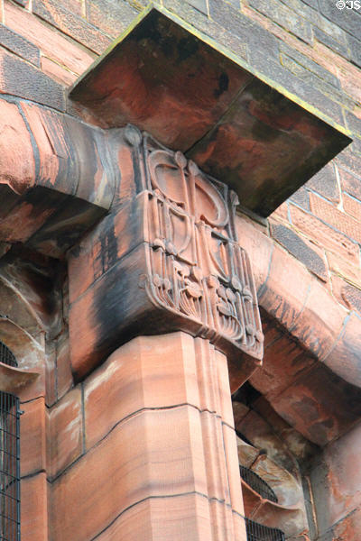Flowery stone carving in Mackintosh-style at Mackintosh Church. Glasgow, Scotland.