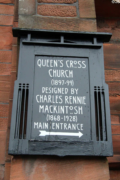 Mackintosh Church sign with Mackintosh-style lettering & slats. Glasgow, Scotland.