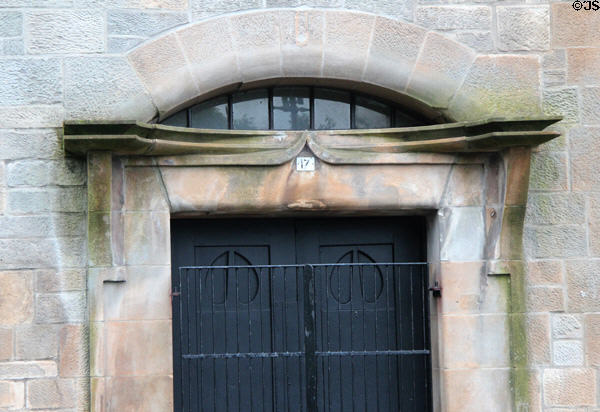 Ruchill Street Free Church Hall entrance door with Mackintosh themes. Glasgow, Scotland.