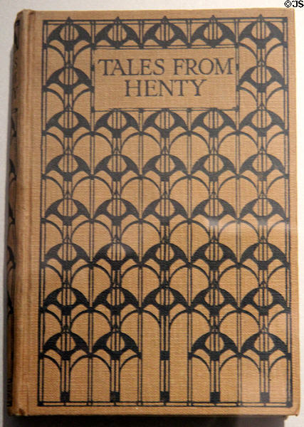 Book cover graphic design by Charles Rennie Mackintosh for Tales from Henty by G.A. Henty at The Lighthouse. Glasgow, Scotland.