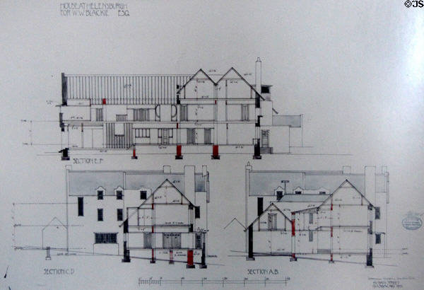 Hill House cross section drawings (1902) by C.R. Mackintosh at Hill House. Helensburgh, Scotland.