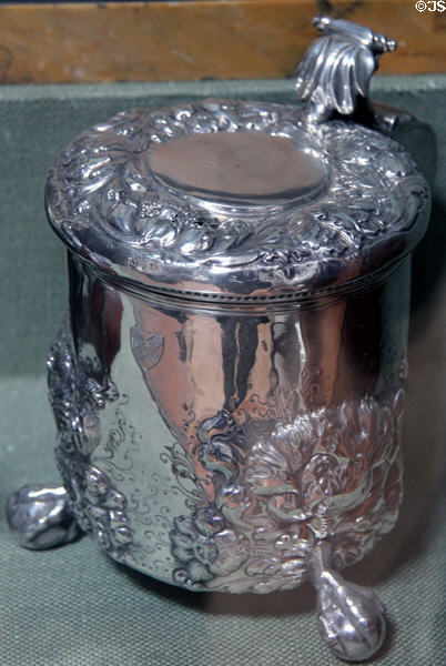 Sterling silver cylindrical peg tankard (1709) made in Edinburgh at Pollok House. Glasgow, Scotland.
