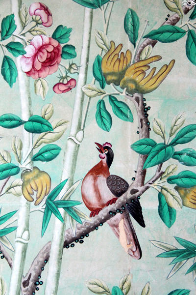 Detail of Chinese wallpaper (c1800) in Kier bedroom at Pollok House. Glasgow, Scotland.