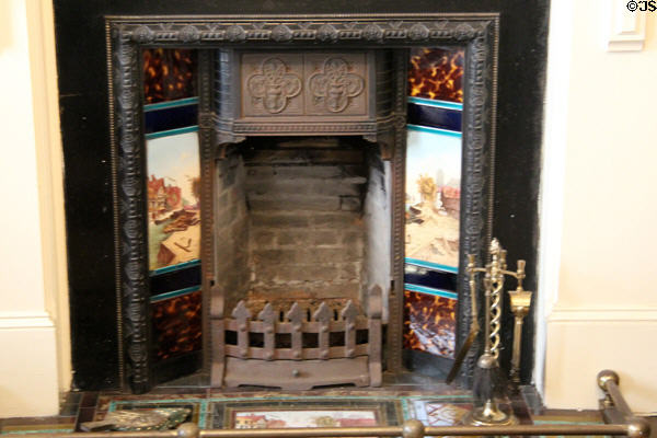 Drawing room fireplace with tiles (c1885) prob. by Minton in Reid farmhouse at National Museum of Rural Life. Kittochside, Scotland.
