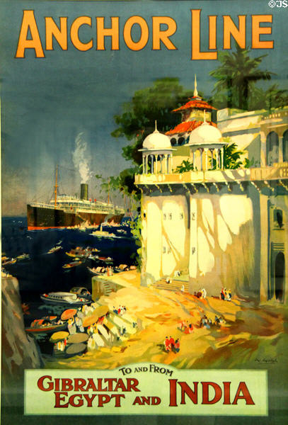 Anchor Line, Gibraltar, Egypt & India poster (c1925) at Riverside Museum. Glasgow, Scotland.