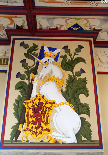 Unicorn painting over fireplace in King's Bedchamber recreated in Palace of Stirling Castle. Stirling, Scotland.