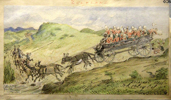 91st Regiment soldiers in wagon during Anglo-Zulu war painting (1884) by G. Robley at Stirling Castle Regimental Museum. Stirling, Scotland.