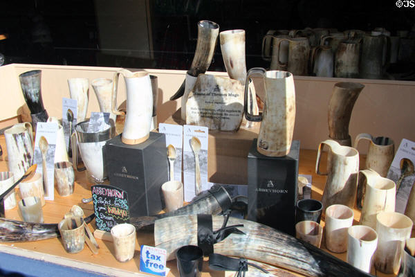 Scottish horn mugs & art object in shop window. Edinburgh, Scotland.