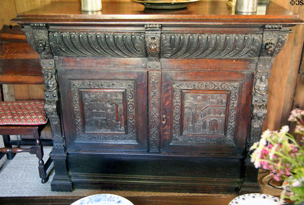 Carvings on sideboard cabinet in High Hall at Culross Palace. Culross, Scotland.