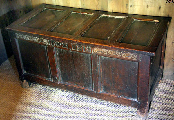 Wooden storage chest marked MB (1693) in High Hall at Culross Palace. Culross, Scotland.