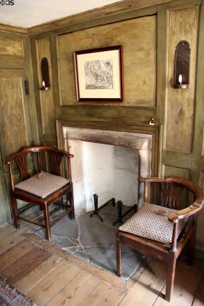 Fireplace & corner chairs (late 18thC) in Lairds room at Culross Palace. Culross, Scotland.