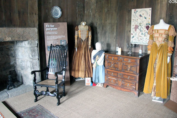 Display of dress & antique furniture at Culross Palace. Culross, Scotland.