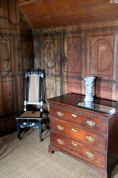 Caned chair & chest of drawers in North building at Culross Palace. Culross, Scotland.