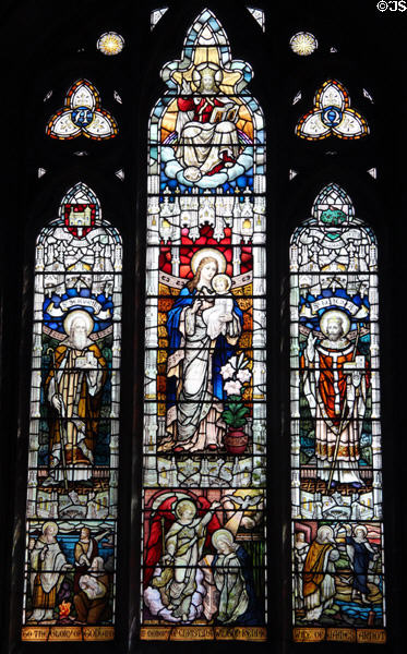 Stained glass window (1906) with Mary flanked by St Serf & St Mungo at Culross Abbey Church. Culross, Scotland.