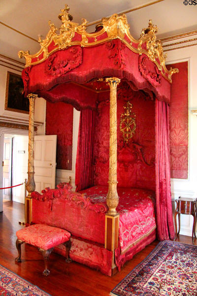 The State Bedchamber with four poster bed (1766) from workshop of Samuel Norton of London at Hopetoun House. Queensferry, Scotland.