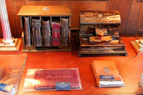 Vintage desk items including Telegraph Forms & blotter in Small Library at Hopetoun House. Queensferry, Scotland.