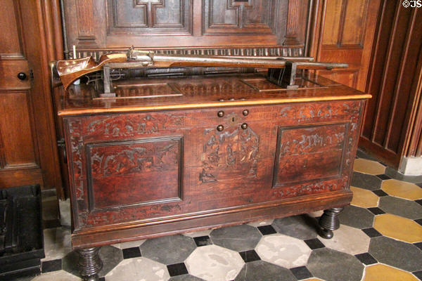 Antique flintlock on Italian Ginvera chest (17thC) engraved with story of doomed bride at Abbotsford House. Melrose, Scotland.