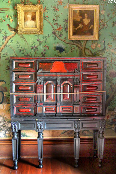 Flemish ebony table cabinet inlaid with ivory & tortoiseshell (17thC) in drawing room at Abbotsford House. Melrose, Scotland.