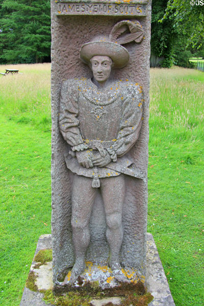 James I of King of Scots carved on King James obelisk at Dryburgh Abbey. Scotland.