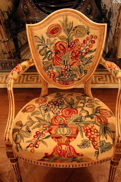 Embroidered armchair in drawing room at Manderston House. Duns, Scotland.