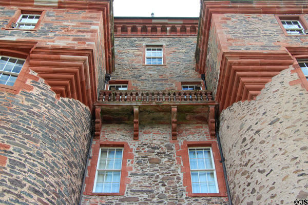 Architectural detail of transition between round towers & square superstructure (1670-6) at Thirlestane Castle. Scotland.