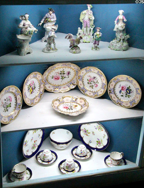 Porcelain figurines & plates at Traquair House. Scotland.