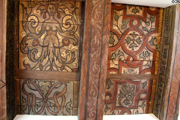 Scottish style painted ceiling (1500s) in high drawing room at Traquair House. Scotland.