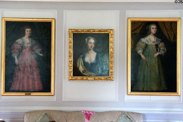 Traquair family portraits in high drawing room at Traquair House. Scotland.