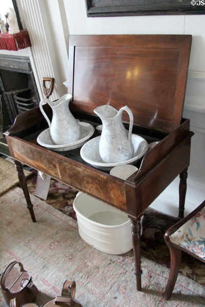 Washstand with pitchers & basins in dressing room at Traquair House. Scotland.