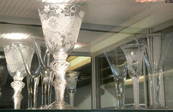 Wine glasses engraved with Jacobite roses used for secret toasts to Stuart monarchs in exile at Traquair House. Scotland.