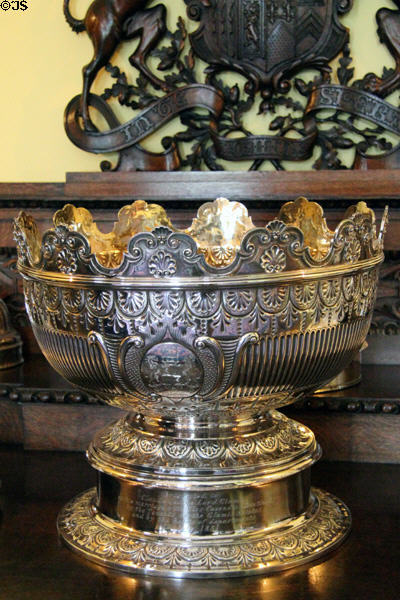 Silver Monteith punch bowl (1881) in dining room at Glamis Castle. Angus, Scotland.