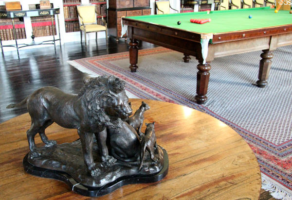 Bronze statue of lion & cubs in billiard room / library at Glamis Castle. Angus, Scotland.