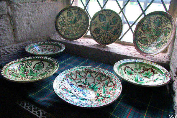 Ceramic bowls painted green & brown at Glamis Castle. Angus, Scotland.