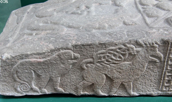 Pictish graveslab (#26) edge detail with lion & griffin at Meigle Sculptured Stone Museum. Meigle, Scotland.