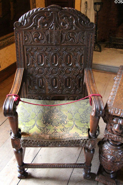 Carved armchair in Keeper's bedroom at Falkland Palace. Falkland, Scotland.