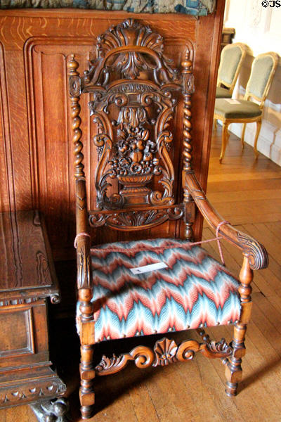Carved arm chair (16thC) at Hill of Tarvit Mansion. Cupar, Scotland.