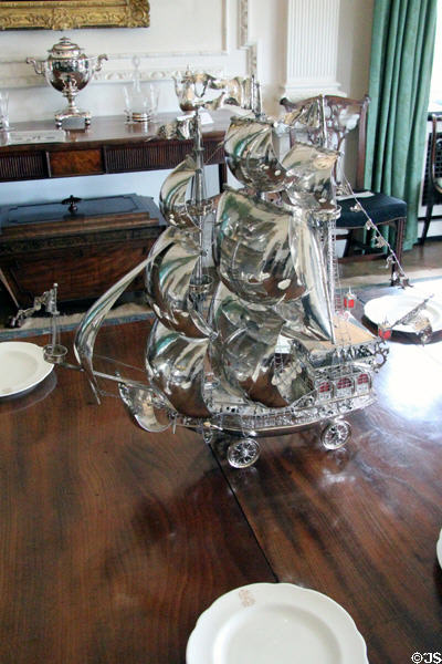 Silver galleon nef (19thC) from Germany as table centerpiece at Hill of Tarvit Mansion. Cupar, Scotland.