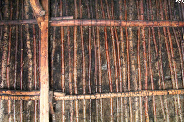 Details of tied sticks supporting thatch roof in Scottish Township at Highland Folk Museum. Newtonmore, Scotland.