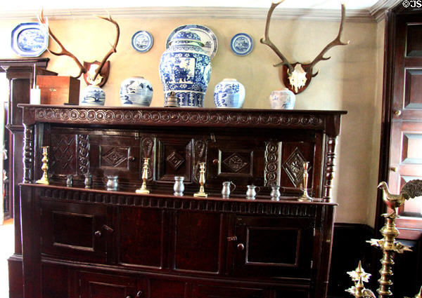 Entrance parlor sideboard with pewter & porcelain collection at Broughton House. Kirkcudbright, Scotland.