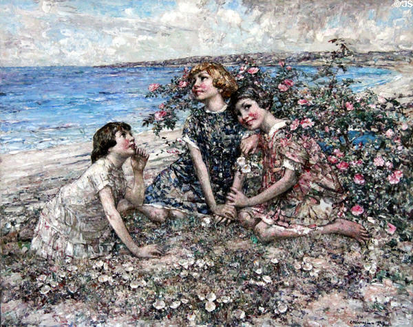 Brighouse Bay, Wild & Burnet Roses painting (1929) by Edward Atkinson Hornel of Glasgow Boys at Broughton House. Kirkcudbright, Scotland.