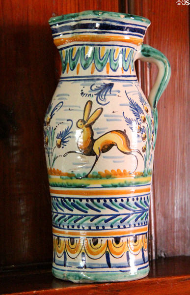 Spanish pitcher with painted rabbit in ladies withdrawing room at Craigievar Castle. Alford, Scotland.