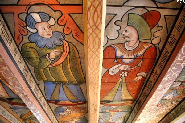 Figures on ceiling painting thought to be by Scottish artist in Green Lady's room at Crathes Castle. Crathes, Scotland.