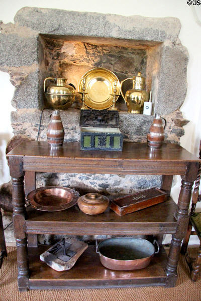 Sideboard with metal wares at Castle Fraser. Aberdeenshire, Scotland.