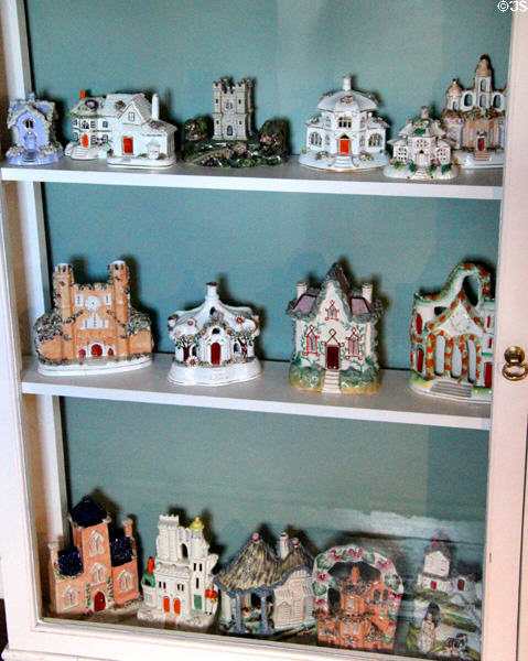Collection of ceramic model dwellings in China Room at Castle Fraser. Aberdeenshire, Scotland.