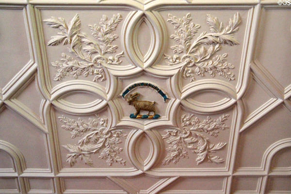 Ceiling plaster with goat crest in library at Fyvie Castle. Turriff, Scotland.