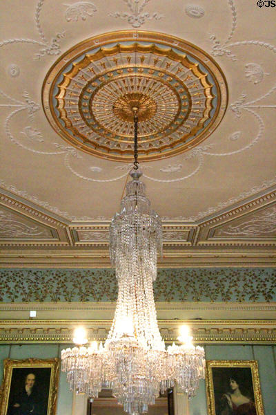 Adamesque Drawing room ceiling supporting crystal chandelier at Haddo House. Methlick, Scotland.