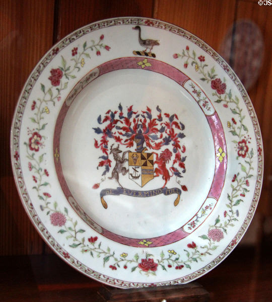 Campbell family crest famille-rose plate from China (c1785) at Cawdor Castle. Cawdor, Scotland.