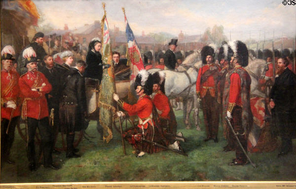 79th Regiment Presented Colours by Queen Victoria at Parkhurst painting (1873) by Sydney Prior Hall at Fort George Highlanders' Museum. Fort George, Scotland.