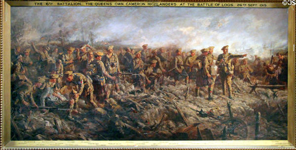 6th Battalion Queen's Own Cameron Highlanders at Battle of Loos on Sept. 26, 1915 painting by Joseph Gray at Fort George Highlanders' Museum. Fort George, Scotland.